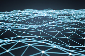 Floating white and blue glowing dot network 3D rendering