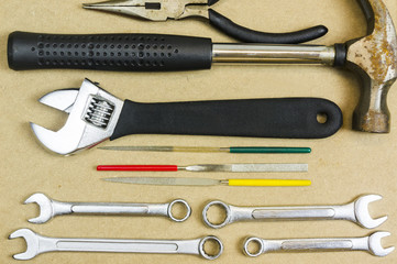 Arrangement of carpentry and set of hand tools. Frame composition with copy space top view.