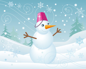 Snowman in Pink Bucket on Christmas Landscape