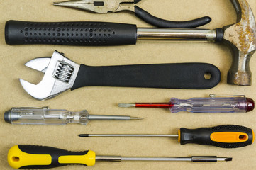 Arrangement of carpentry and set of hand tools. Frame composition with copy space top view.