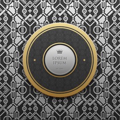 Round text banner template on silver/platinum metallic background with seamless geometric pattern. Elegant luxury style.