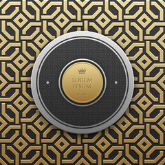 Round text banner template on golden metallic background with seamless geometric pattern. Elegant luxury style.