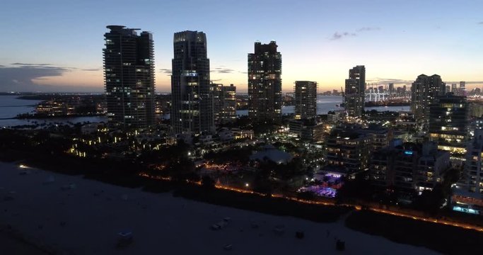 Aerial drone footage of Miami Beach highrise buildings at South Pointe Park