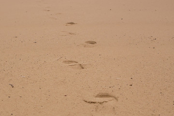 Fototapeta na wymiar Two well-shaped human footprints in the sand