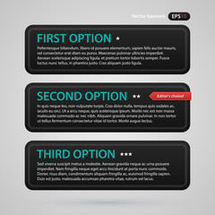 Fototapeta premium Modern web design template with three black horizontal banners/options. Strict corporate business style. Useful for annual reports, presentations and media.