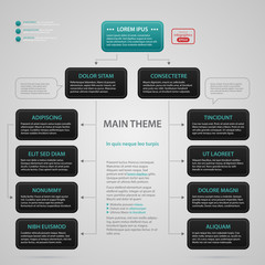 Modern web design template with complex organization chart. Strict corporate business style. Useful for annual reports, presentations and media.