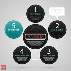 Modern web design cycle template with five round steps. Strict corporate business style. Useful for annual reports, presentations and media.