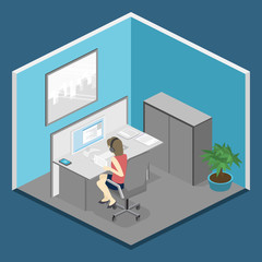 Flat 3d isometric abstract office floor interior departments concept.