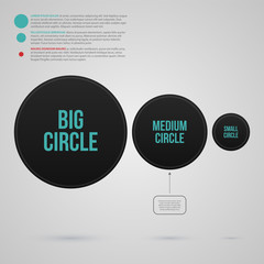 Obraz premium Modern web design template with three black circles and options. Strict corporate business style. Useful for annual reports, presentations and media.