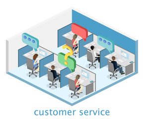 Isometric flat 3D interior call center. Customer support.