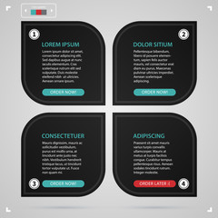 Modern web design template with four black paper options. Strict corporate business style. Useful for annual reports, presentations and media.