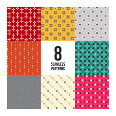Set of 8 colorful pixelated patterns. Childish style. Useful for wrapping and textile design.
