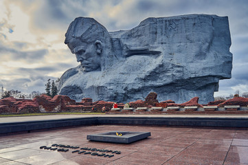 Brest, Belarus - December 28, 2016: The eternal fire and Main Monument Bravery in War Memorial...