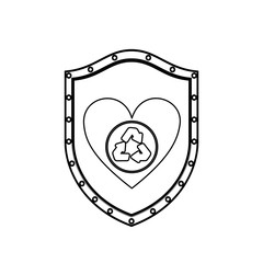 monochrome silhouette with shield with heart with recycling symbol vector illustration