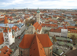 Fototapeta na wymiar Breathtaking view of Munich as seen from the tower of St. Peter’s church, Munich, Bavaria, Germany 