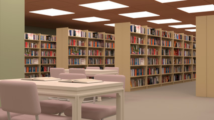 Big library with table,chairs and bookshelves.
