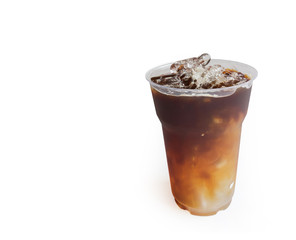 Closeup ice of americano coffee on white background