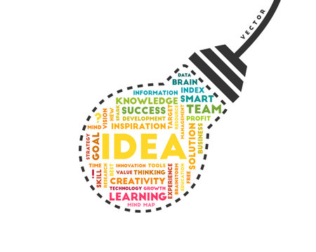 Colorful word collage inside a lightbulb as idea concept
