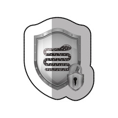 middle shadow sticker of shield with snake virus and padlock vector illustration