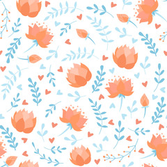 Seamless pattern with doodle cartoon vector floral elements, flowers, lotus 