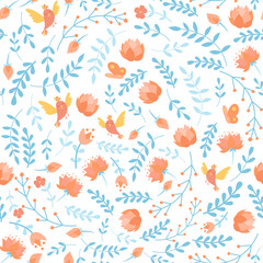 Seamless pattern with doodle cartoon vector floral elements, birds, flowers, lotus and butterfly