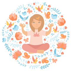 Silhouette of circle with the girl doing yoga inside with doodle cartoon vector floral elements