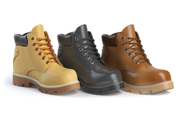 Different winter boots on a white background. Shoe shop or marke