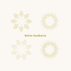Sunburst frames set. Retro gold Sun burst shape. Vintage explosion logo, label, badge. Firework design element. Old light rays radiating from a center. Retro, vintage, hipster style