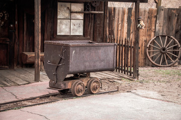 Metal mining cart for silver transportation in Calico, ghost tow