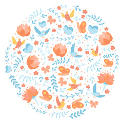 Silhouette of circle with doodle cartoon vector floral elements, birds, flowers, lotus and butterfly