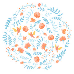 Fototapeta na wymiar Silhouette of circle with doodle cartoon vector floral elements, birds, flowers, lotus and butterfly