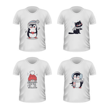 T-shirt Front View with Animals Isolated on White