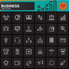 Business line icons set, outline vector symbol collection, linear pictogram pack isolated on black, pixel perfect logo illustration