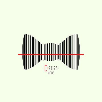 Concept of dress code.Vector illustration of black bow-tie with barcode. 
