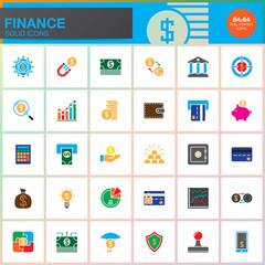 Finance vector icons set, money solid symbol collection, color pictogram pack isolated on white, pixel perfect logo illustration