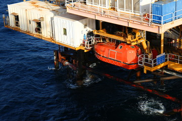 Fototapeta na wymiar Life boat or survival craft at muster station of oil and gas drilling rig