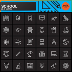 School vector icons set, modern solid symbol collection, education pictogram pack isolated on black, pixel perfect logo illustration