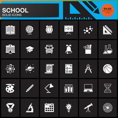 School vector icons set, modern solid symbol collection, education pictogram pack isolated on black, pixel perfect logo illustration