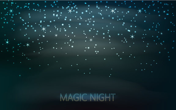 Stars on the dark blue sky. Abstract vector background with a magic rain of candles with glowing bokeh. Vector illustration.