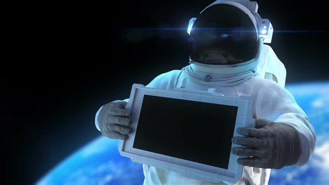 Astronaut with display. Animation of astronaut with the electronic display. Inside file matte mask, 3d trackers, and signs "Welcome", "For Sale", "Sale", "Best Price"