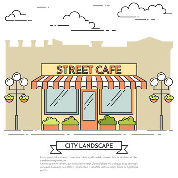 Street cafe with lamps, flowers on white background Line art