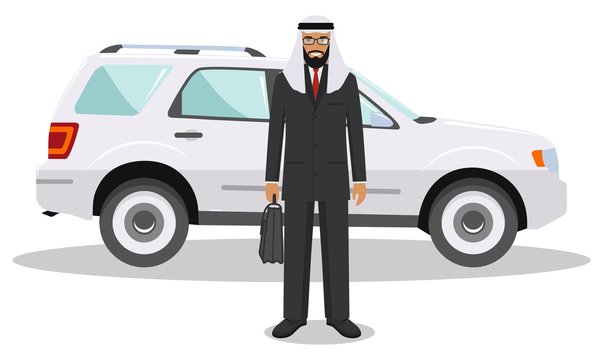 Arab businessman standing near the car on white background in flat style. Business concept. Detailed illustration of automobile and saudi arabic man. Flat design people character. Vector illustration.