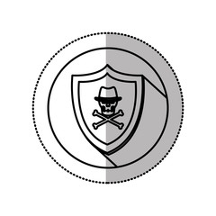 monochrome middle shadow sticker with circle with shield withskull and bones with hat vector illustration