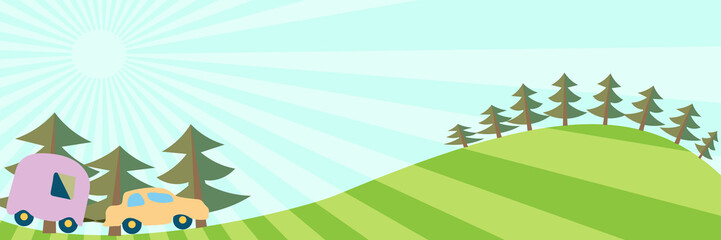 The background panorama, the car goes with a house on wheels, trees in the background trees. Vector illustration.