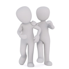 Two 3D illustrated figures walk side by side