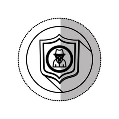 monochrome middle shadow sticker with circle with shield and hacker vector illustration