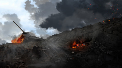 Battle tank on the edge of the ruined areas