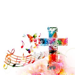 Colorful christian cross with music staff and notes isolated vector illustration. Religion themed background. Design for gospel church music, concert, choir singing, Christianity, prayer