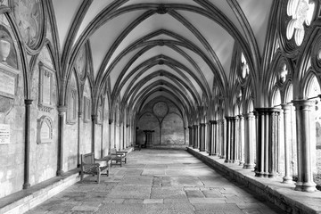 Black and White image of the external covered walkway of the Salisbury Cathedral Cloisters. An exterior walkway around the outside of the Cathedral. - Powered by Adobe
