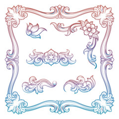 Fototapeta premium Hand drawn vintage frame and decorative elements. Colorful baroque engraving design. Vector illustration